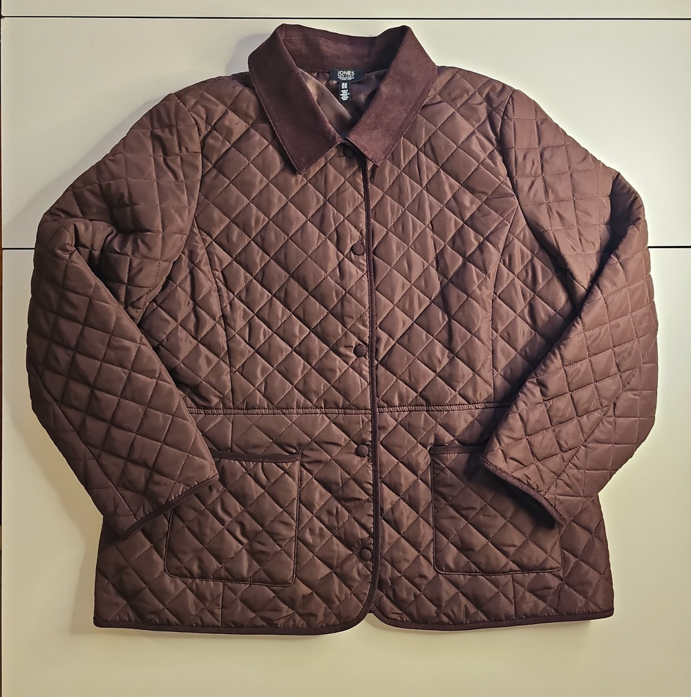 Jones New York Signature Womens XL Brown Quilted Barn Jacket Corduroy Collar